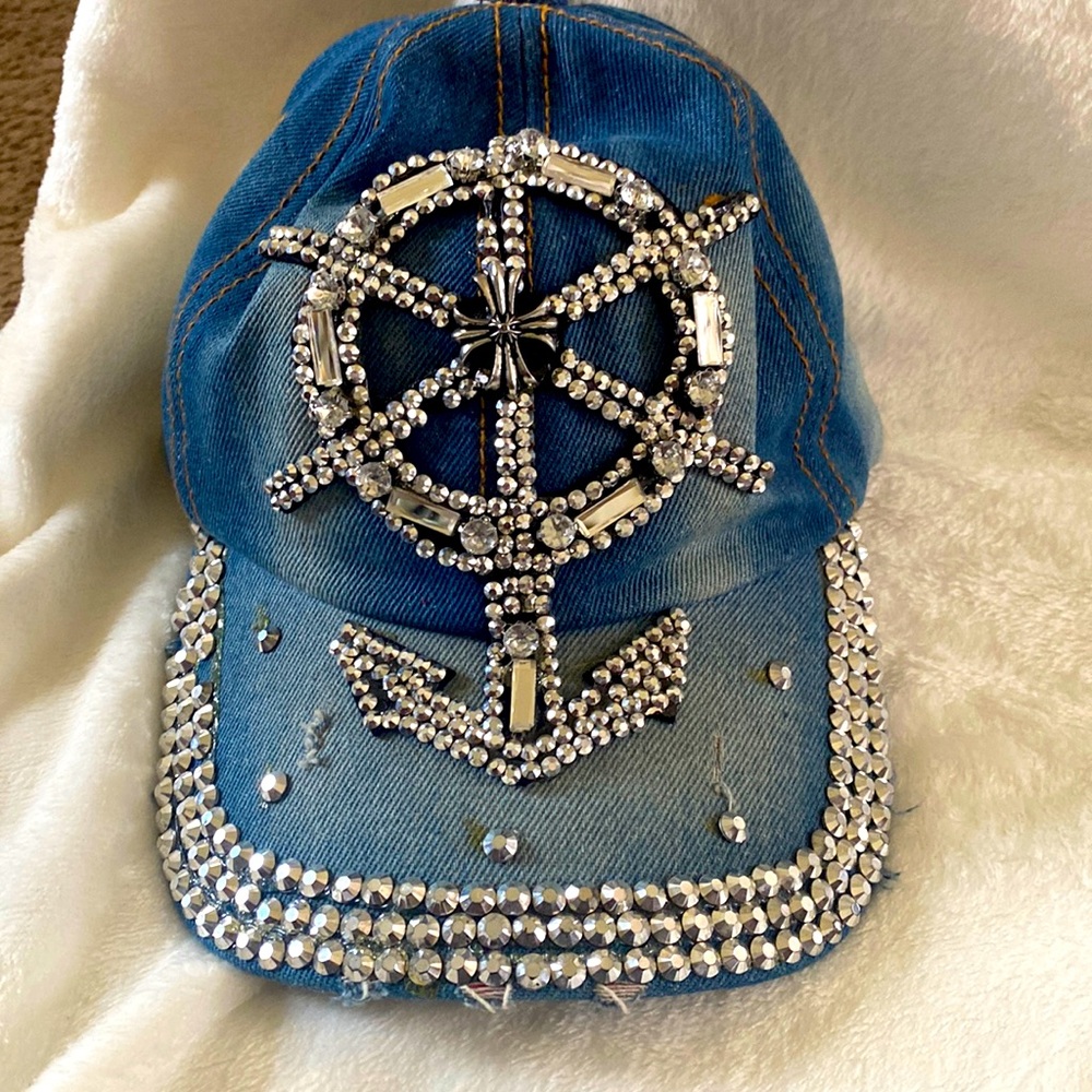 Rhinestone blue denim anchor hat.